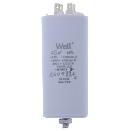 Condensator pentru motoare 400V, Well, 45 microfarazi, cu pin