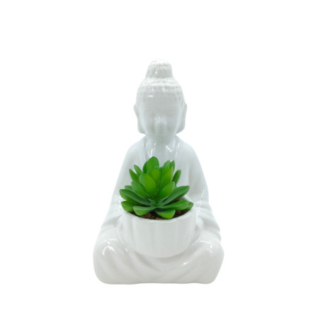 Decoratiune Buddha cu plante artificiale, AK0323279, ceramica, alb + verde, 13 x 12.5 x 20 cm