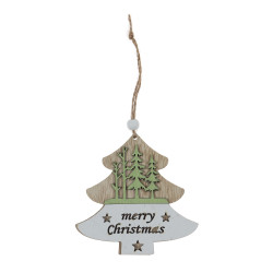 Decoratiune Craciun, tip bradut, din lemn, bej + alb + verde, 10.5 cm, SYMZPB-442118