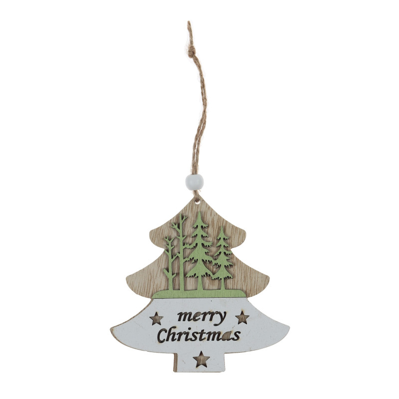 Decoratiune Craciun, tip bradut, din lemn, bej + alb + verde, 10.5 cm, SYMZPB-442118