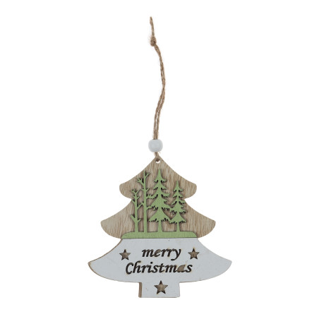Decoratiune Craciun, tip bradut, din lemn, bej + alb + verde, 10.5 cm, SYMZPB-442118