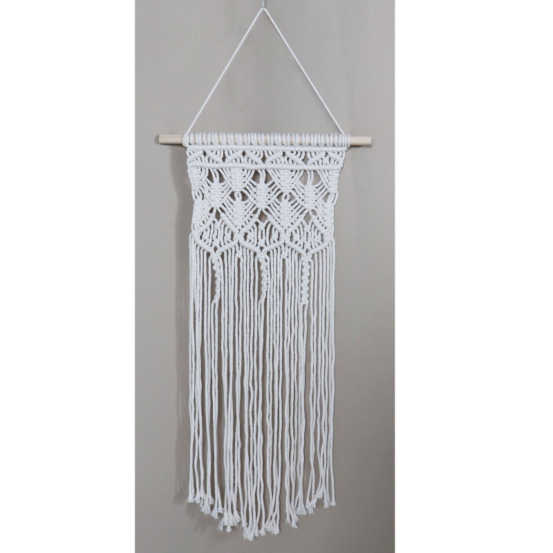 Decoratiune perete stil macrame, 006FD, sfoara bumbac, alb, 35 x 70 cm