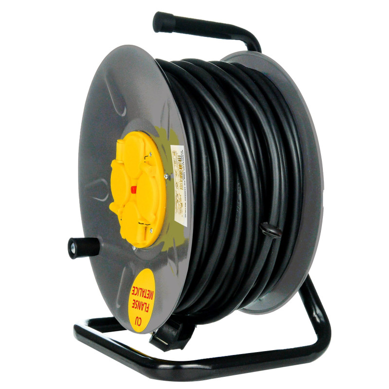 Derulator cablu electric cu flanse metalice, 4 prize, 25 m, 3 x 2.5 mmp, contact de protectie