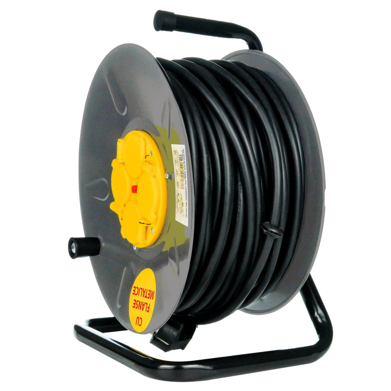 Derulator cablu electric cu flanse metalice, 4 prize, 50 m, 3 x 2.5 mmp, contact de protectie