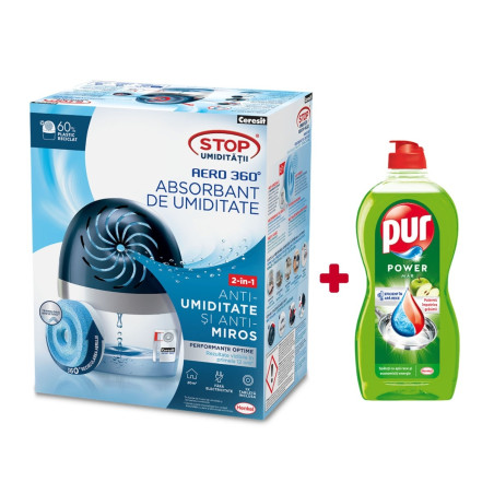 Dezumidificator camera, fara parfum, absorbant umiditate Ceresit Aero 360, interior + Detergent lichid pentru vase Pur Duo Power