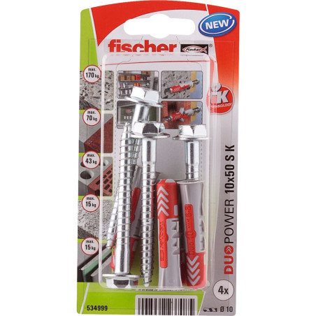 Diblu universal, din nylon, 10 x 50 mm, Fischer Duopower, cu surub, 7 x 69 mm, cu cap hexagonal, TX40, set 4 bucati