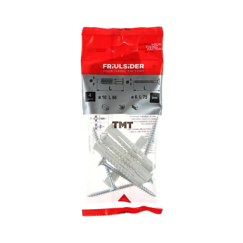 Diblu universal din polipropilena, cu surub cu cap inecat, Friulsider TMT, 10 x 66 mm, set 4 bucati Diblu universal din polipropilena, cu surub cu cap inecat, Friulsider TMT, 10 x 66 mm, set 4 bucati