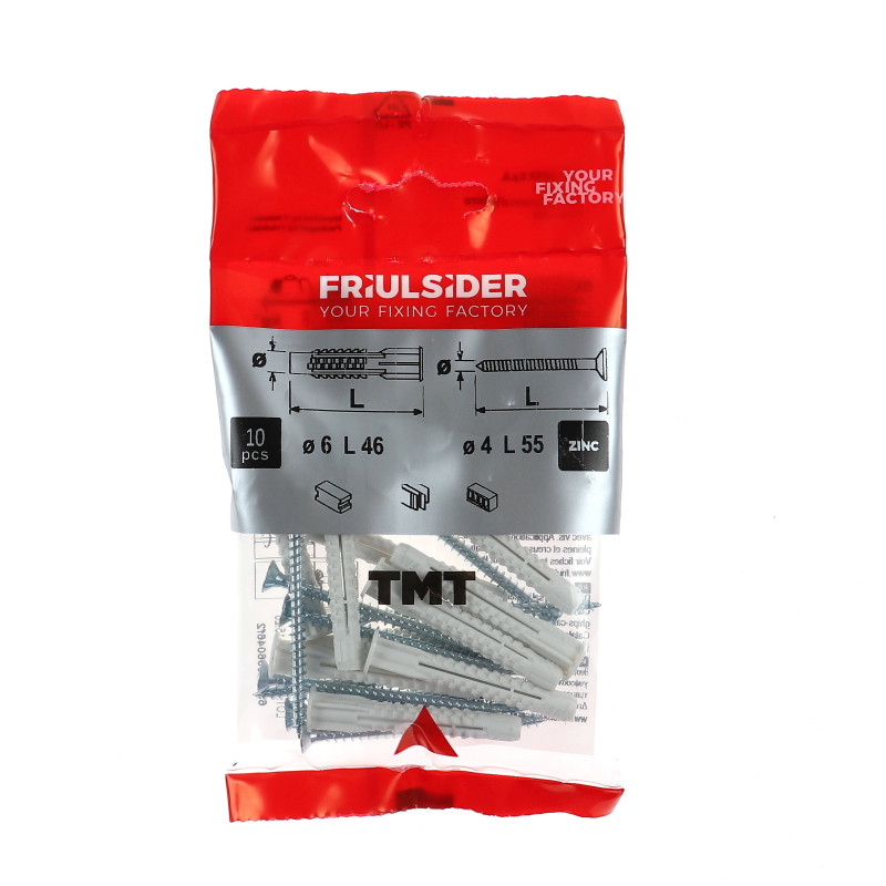 Diblu universal din polipropilena, cu surub cu cap inecat, Friulsider TMT, 6 x 46 mm, set 10 bucati
