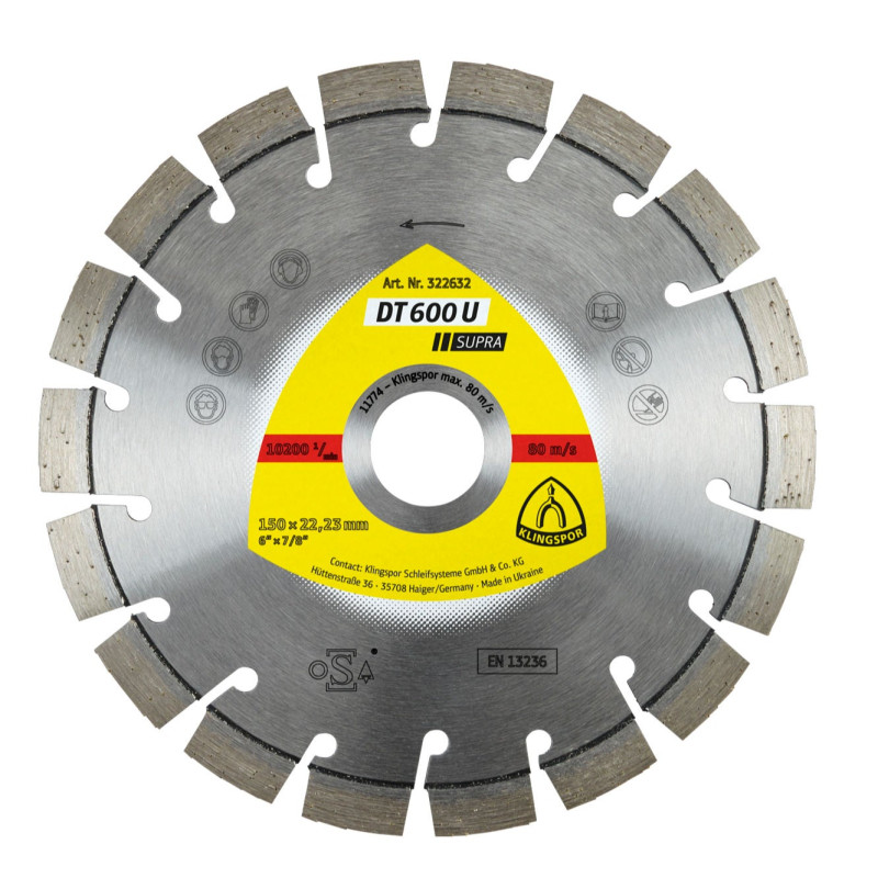 Disc diamantat, cu segmente, pentru debitare materiale de constructii, Klingspor DT 600 U Supra, 150 x 22.23 x 2.4 mm Disc diamantat, cu segmente, pentru debitare materiale de constructii, Klingspor DT 600 U Supra, 150 x 22.23 x 2.4 mm