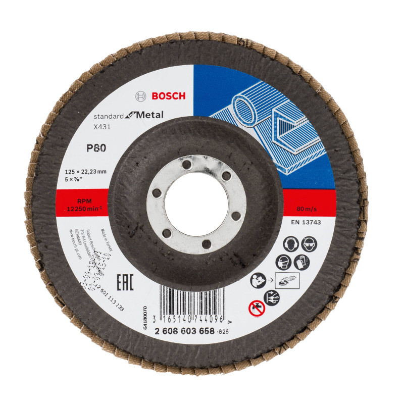 Disc lamelar frontal, pentru metal, Bosch Standard for Metal, 125 x 22.23 mm, granulatie 80 Disc lamelar frontal, pentru metal, Bosch Standard for Metal, 125 x 22.23 mm, granulatie 80