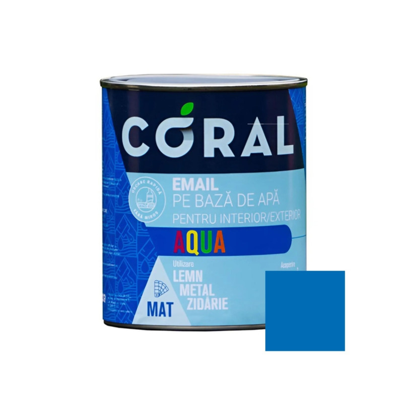 Email pentru lemn / metal, Coral Aqua, interior / exterior, pe baza de apa, albastru safir, 0.6 L