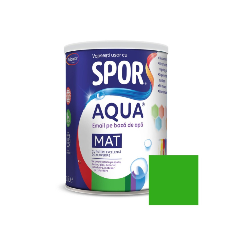 Email pentru lemn / metal, Spor Aqua mat, interior / exterior, pe baza de apa, verde kiwi, 0.6 L