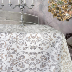 Fata de masa impermeabila Bottigelli, PVC, alb + gri, model flori, 140 cm