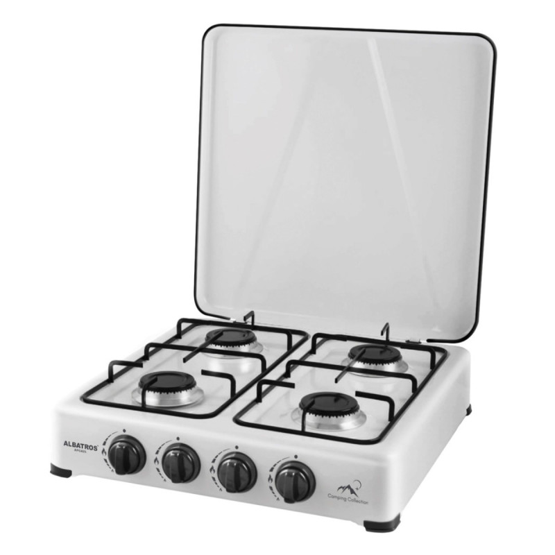 Aragaz de masa pe gaz Albatros APG42S, de exterior, 4 arzatoare, putere 6.2 kW, utilizare cu gaz GPL, capac de protectie, argint
