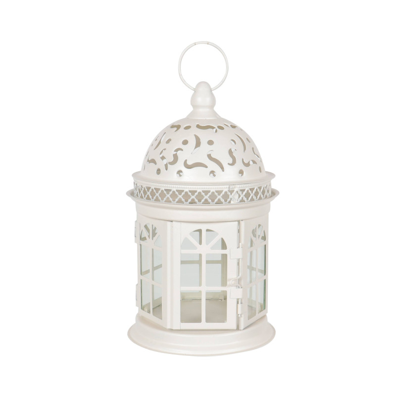 Felinar decorativ, C001KQ, metal + sticla, alb, 20 cm
