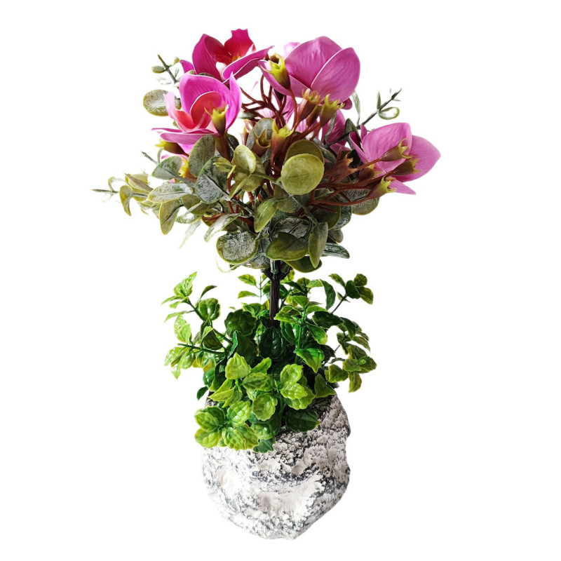 Aranjament flori artificiale 7272-03, planta cu flori in ghiveci, roz + verde, 28 cm