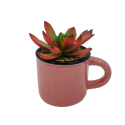 Aranjament flori artificiale AK0323292, plante suculente in vas stilizat, verde + rosu, H 10 cm