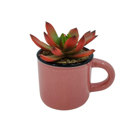 Aranjament flori artificiale AK0323292, plante suculente in vas stilizat, verde + rosu, H 10 cm