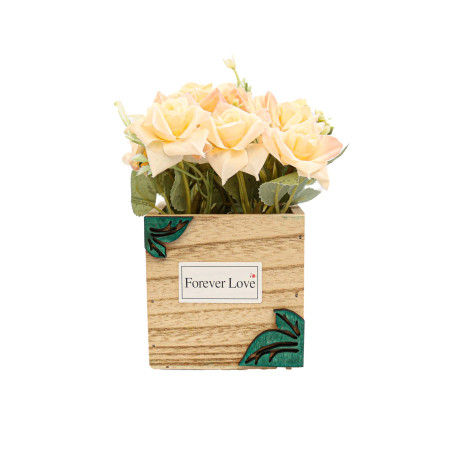 Aranjament flori artificiale, Ella Home, trandafiri Amber, plastic + lemn, crem, H 17 cm
