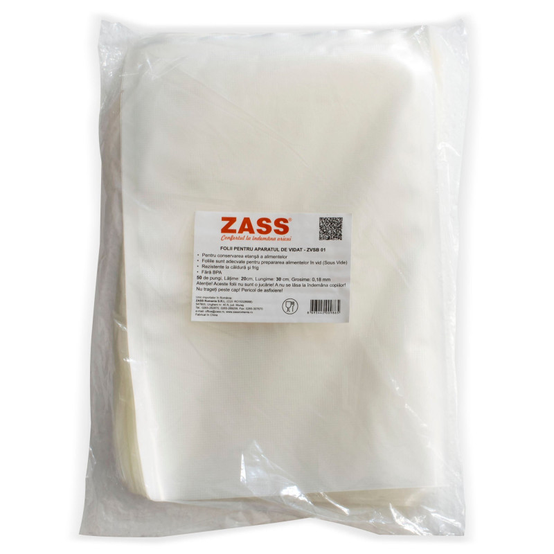 Folie pentru aparat de vidat alimente, Zass ZVSB 01, 20 x 30 cm, grosime 0.18 mm, rezistenta la caldura si frig, fara BPA, trans