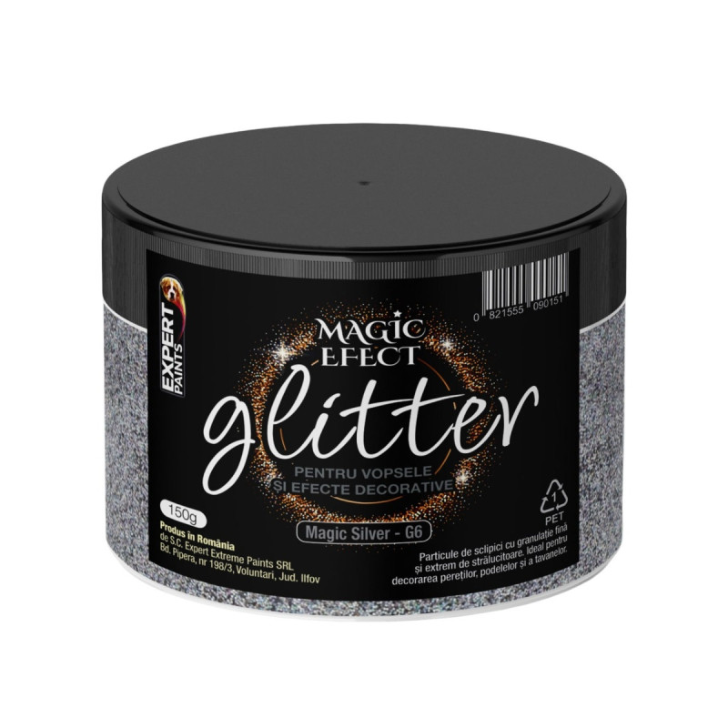 Fulgi colorati cu sclipici pentru vopsele si efecte decorative, interior, Magic Efect glitter, magic silver G6 / argintiu, 150 g