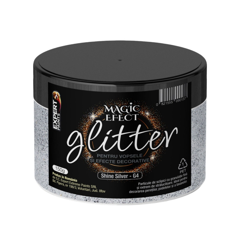 Fulgi colorati cu sclipici pentru vopsele si efecte decorative, interior, Magic Efect glitter, shine silver G4 / argintiu, 150 g Fulgi colorati cu sclipici pentru vopsele si efecte decorative, interior, Magic Efect glitter, shine silver G4 / argintiu, 150 g