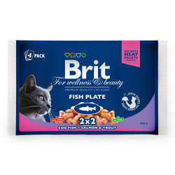 Hrana umeda pentru pisici, Brit, adult, cod si somon + pastrav, 4 x 100g