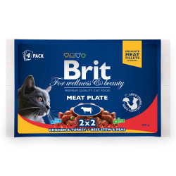Hrana umeda pentru pisici, Brit, pui + curcan si vita cu mazare, 4 x 100g