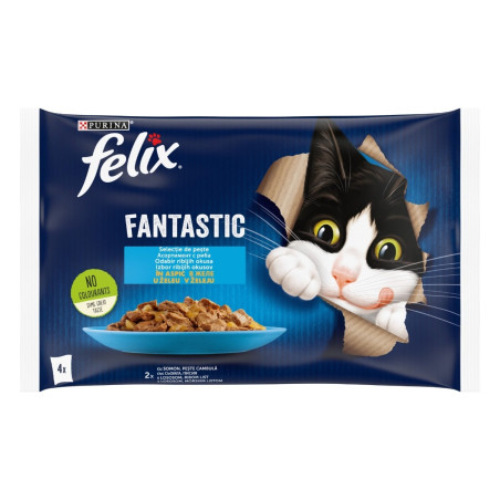 Hrana umeda pentru pisici, Felix Fantastic, adult, somon si peste cambula, 4 plicuri x 85g