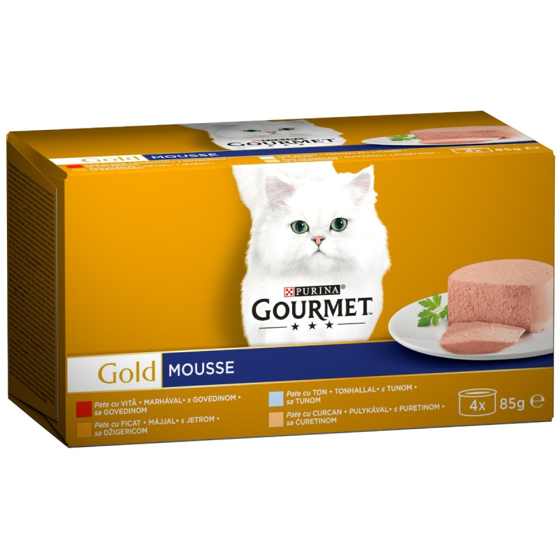 Hrana umeda pentru pisici, Gourmet Gold, adult, carne de vita, curcan, ficat, ton, 4 x 85 g