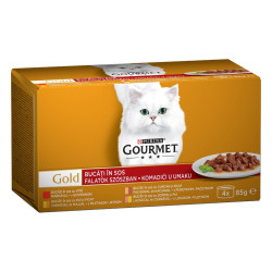Hrana umeda pentru pisici, Gourmet Gold, adult, carne de vita, curcan si rata, somon si pui, pui si ficat, 4 x 85 g