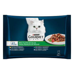 Hrana umeda pentru pisici, Gourmet Perle, adult, carne de vitel, iepure si miel in sos, 4 x 85g