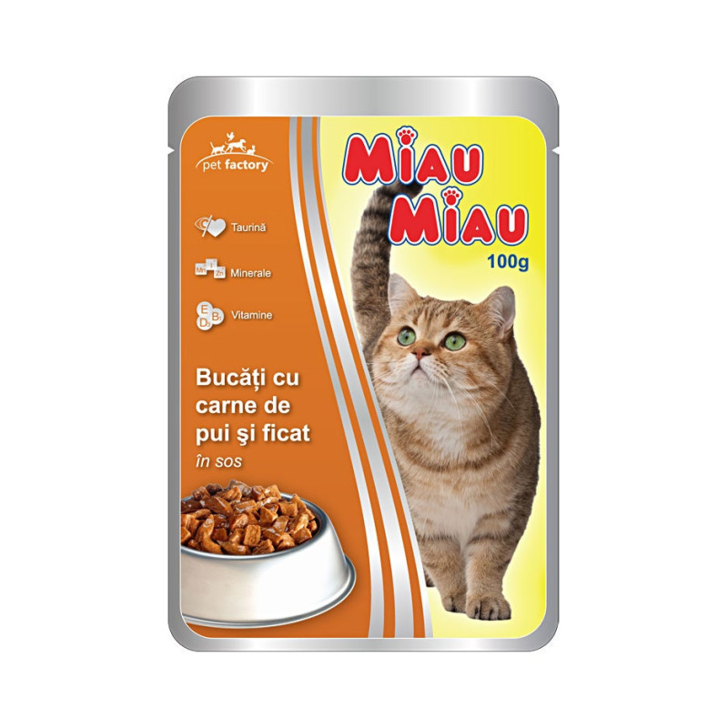 Hrana umeda pentru pisici, Miau Miau, adult, carne de pui si ficat, 100g Hrana umeda pentru pisici, Miau Miau, adult, carne de pui si ficat, 100g