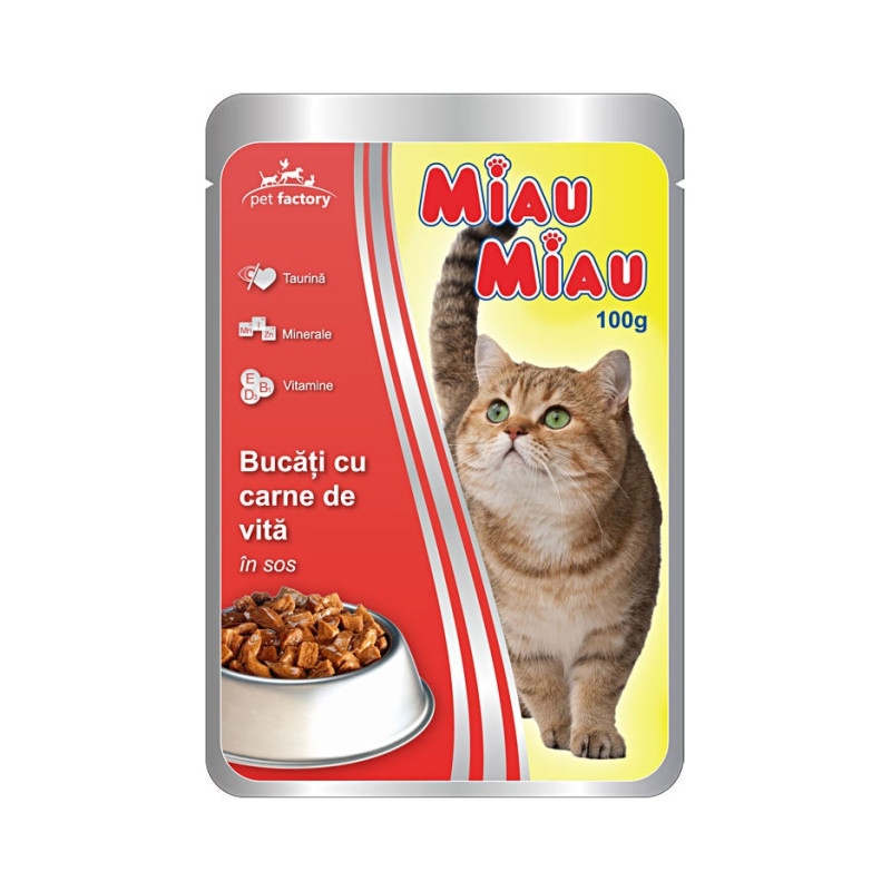 Hrana umeda pentru pisici, Miau Miau, adult, carne de vita, 100g