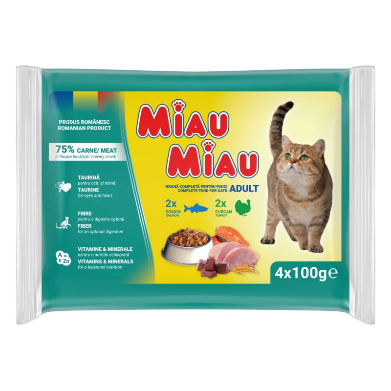 Hrana umeda pentru pisici, Miau Miau Mix, adult, carne de curcan si somon, 4 x 100 g Hrana umeda pentru pisici, Miau Miau Mix, adult, carne de curcan si somon, 4 x 100 g