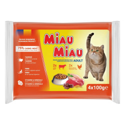 Hrana umeda pentru pisici, Miau Miau Mix, adult, carne de pui, ficat si vita, 4 x 100 g
