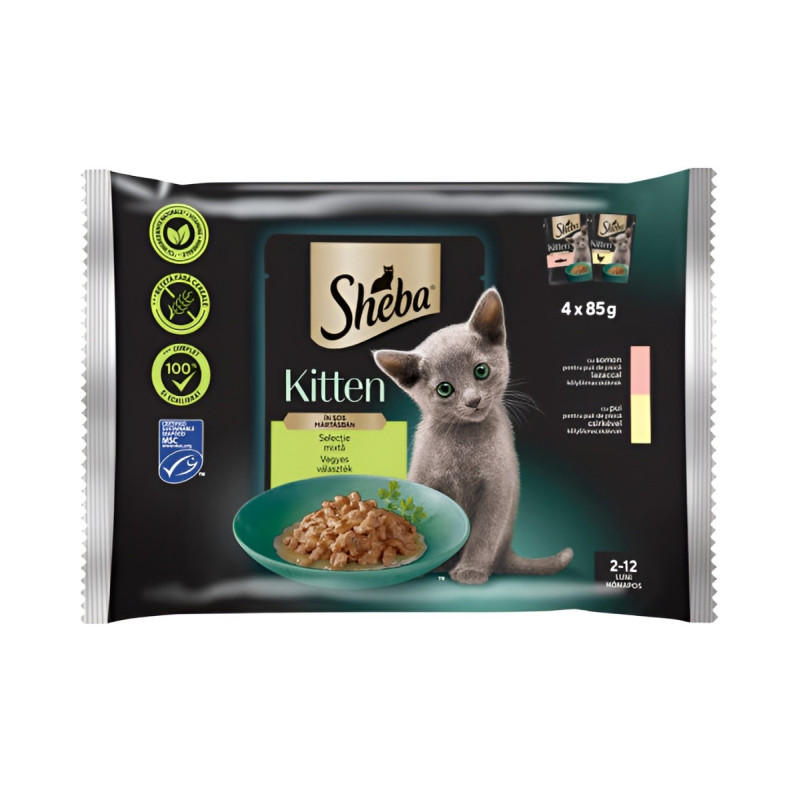 Hrana umeda pentru pisici Sheba, junior, somon si carne de pui, in sos, 4 x 85 g Hrana umeda pentru pisici Sheba, junior, somon si carne de pui, in sos, 4 x 85 g