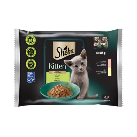 Hrana umeda pentru pisici Sheba, junior, somon si carne de pui, in sos, 4 x 85 g