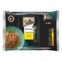 Hrana umeda pentru pisici, Sheba Mix, cu carne de rata, pui, pasare si curcan, in aspic, 4 x 85 g