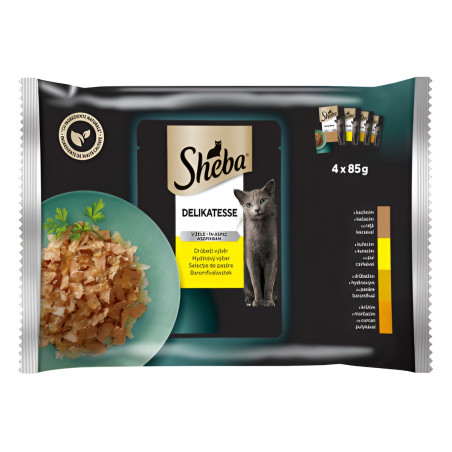 Hrana umeda pentru pisici, Sheba Mix, cu carne de rata, pui, pasare si curcan, in aspic, 4 x 85 g