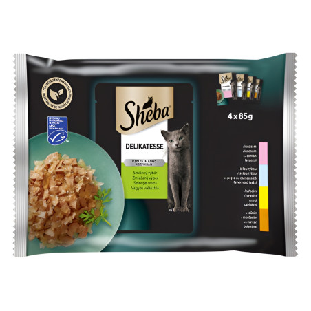 Hrana umeda pentru pisici, Sheba Mix, cu somon, peste alb, pui si curcan, in aspic, 4 x 85 g