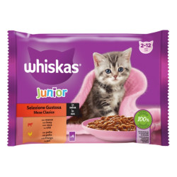 Hrana umeda pentru pisici, Whiskas Selectii clasice, junior, carne de pui si vita in sos, 4 plicuri x 85g