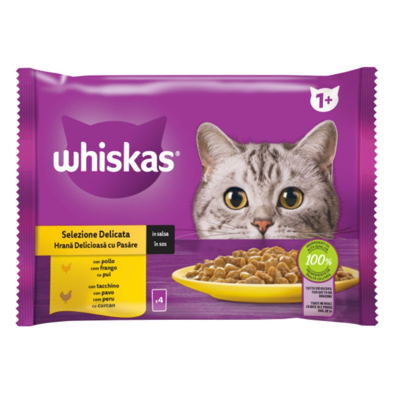 Hrana umeda pentru pisici, Whiskas Selection, adult, pui si curcan in sos, 4 plicuri x 85g Hrana umeda pentru pisici, Whiskas Selection, adult, pui si curcan in sos, 4 plicuri x 85g