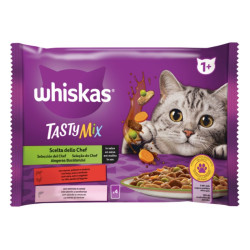 Hrana umeda pentru pisici, Whiskas Tasty mix, adult, vita, pasare si somon in sos, 4 plicuri x 85g