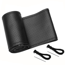 Husa volan auto  piele naturala, cu snur, neagra, D 38 cm