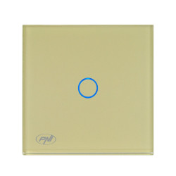 Intrerupator simplu cu indicator luminos, PNI-SH101G, touch, incastrat, rama din sticla inclusa, auriu