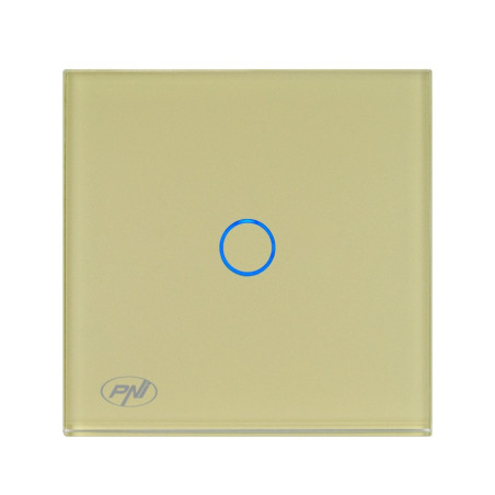 Intrerupator simplu cu indicator luminos, PNI-SH101G, touch, incastrat, rama din sticla inclusa, auriu
