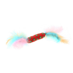 Jucarie pentru pisici Feribiella, cilindru cu pene, textil, multicolor, 10 cm