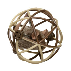 Jucarie pentru pisici Miau Miau, sfera cu soricel, plastic + textil, maro, 15 cm