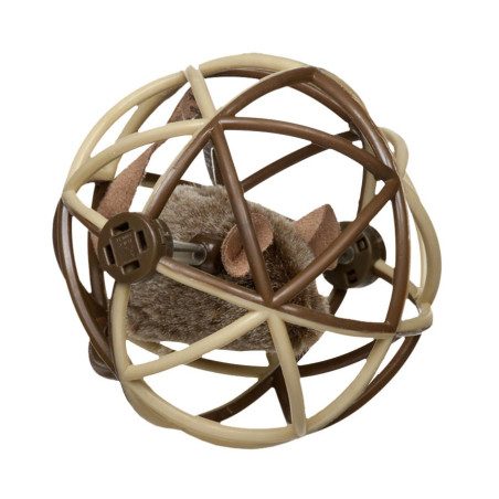 Jucarie pentru pisici Miau Miau, sfera cu soricel, plastic + textil, maro, 15 cm